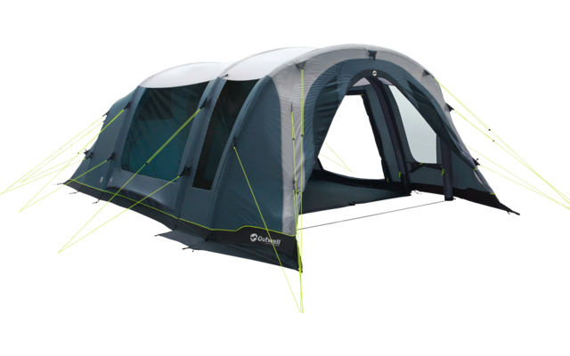 Großes blaues und graues Zelt mit zwei Eingängen, steht auf grünem Gras