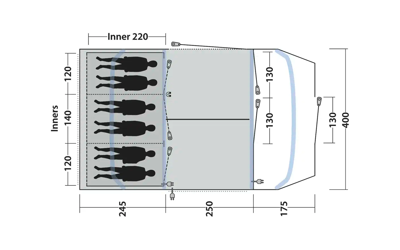 Diagramm zeigt die Innenmaße eines Fahrzeugs mit fünf sitzenden Personen und Abmessungen in Zentimetern