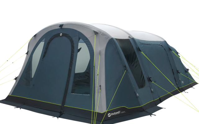 Grande tenda da campeggio grigia con più finestre e tiranti