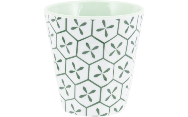 Witte beker met groen zeshoekpatroon en kleine vierbladige motieven; lichtgroene binnenkant