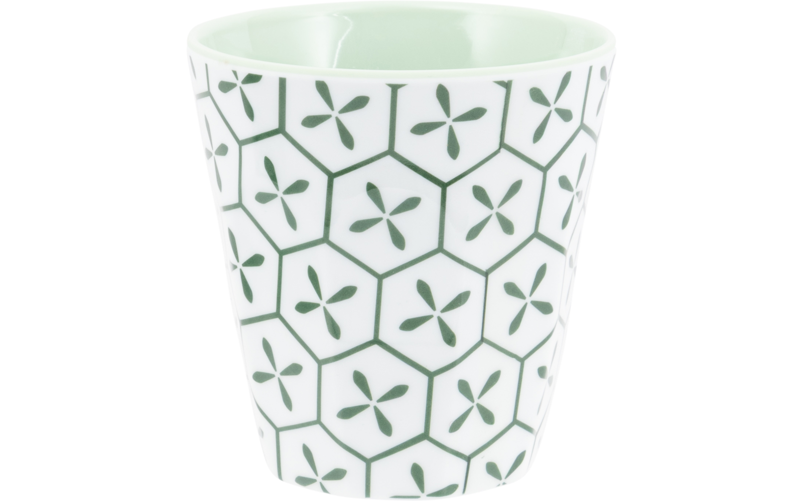 Witte beker met groen zeshoekpatroon en kleine vierbladige motieven; lichtgroene binnenkant
