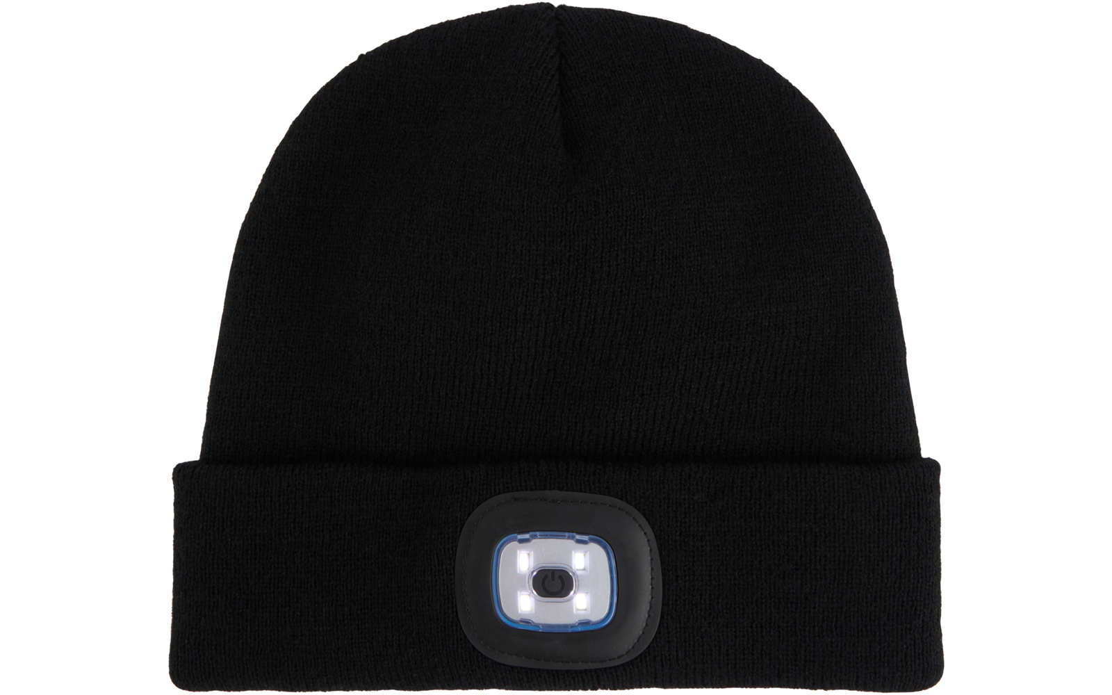 Schwarze Strickmütze mit einer integrierten LED-Leuchte vorne