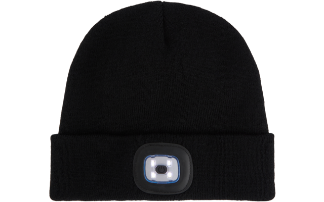 Schwarze Strickmütze mit einer integrierten LED-Leuchte vorne