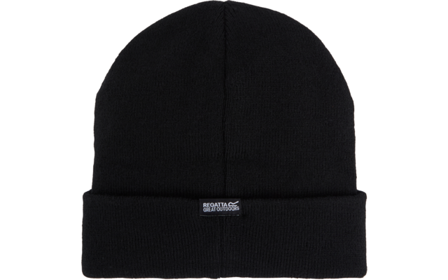 Schwarze Strickmütze mit Umschlag und kleinem Label vorne