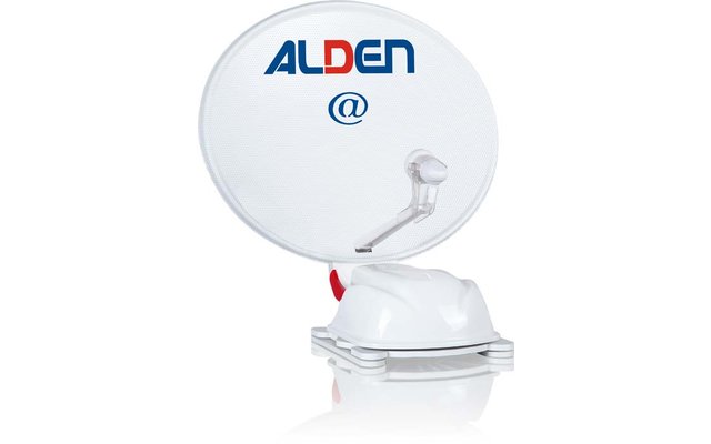 Weiße runde Satellitenschüssel mit blau-rotem ALDEN-Logo und blauem @-Symbol, montiert auf weißer Basis mit LNB-Arm und rotem Hebel