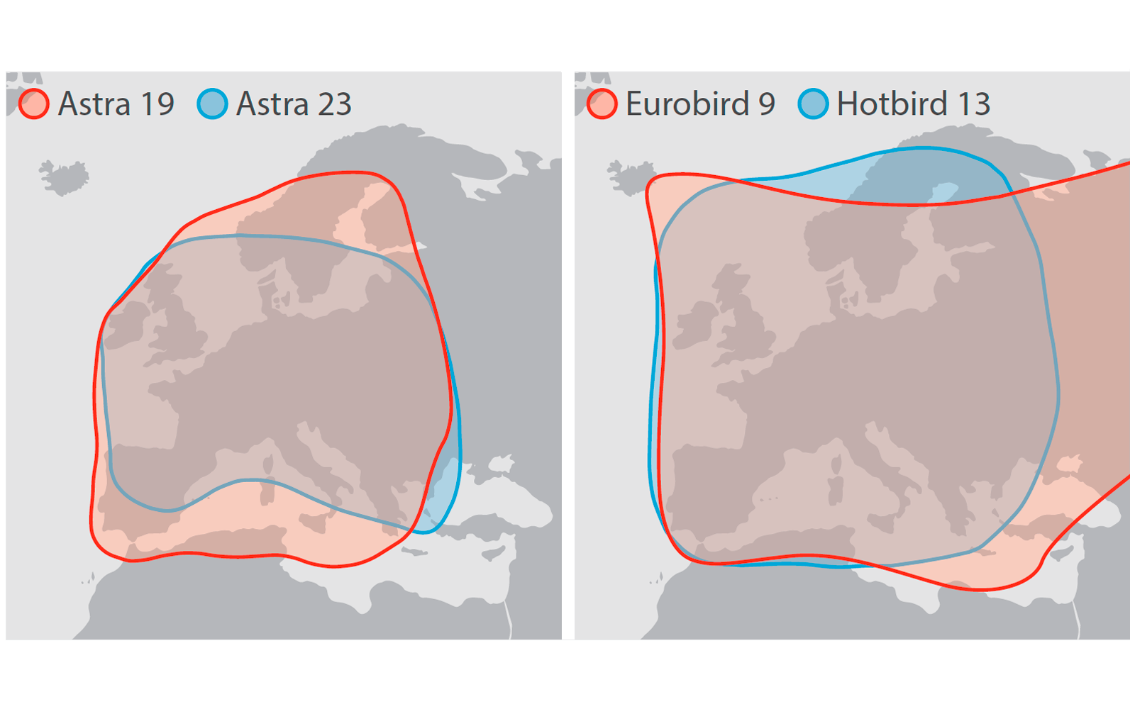 Zwei nebeneinander angeordnete Karten von Europa. Jede Karte zeigt graue Landflächen und zwei transparente Umrisslinien in Rot und Blau. Linke Karte, Legende oben links: roter Punkt 'Astra 19', blauer Punkt 'Astra 23'. Rechte Karte, Legende oben link