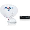 Weiße Satellitenschüssel mit großem blau-rotem ALDEN-Logo und blauem @-Symbol, Feedarm und weißem Montagesockel; rechts ein schwarzes rechteckiges Gerät mit Display und ALDEN-Schriftzug