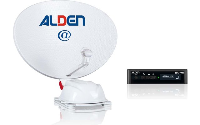 Weiße Satellitenschüssel mit großem blau-rotem ALDEN-Logo und blauem @-Symbol, Feedarm und weißem Montagesockel; rechts ein schwarzes rechteckiges Gerät mit Display und ALDEN-Schriftzug