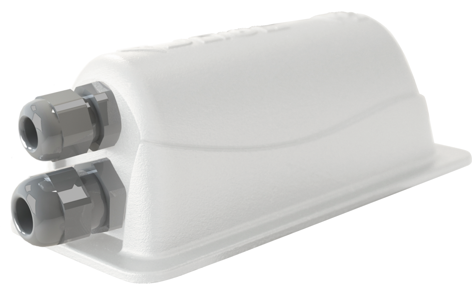 Weißes Kunststoffgehäuse mit abgerundeter Oberseite, zwei graue Kabelverschraubungen an einem Ende, flache Basis mit Montagelasche