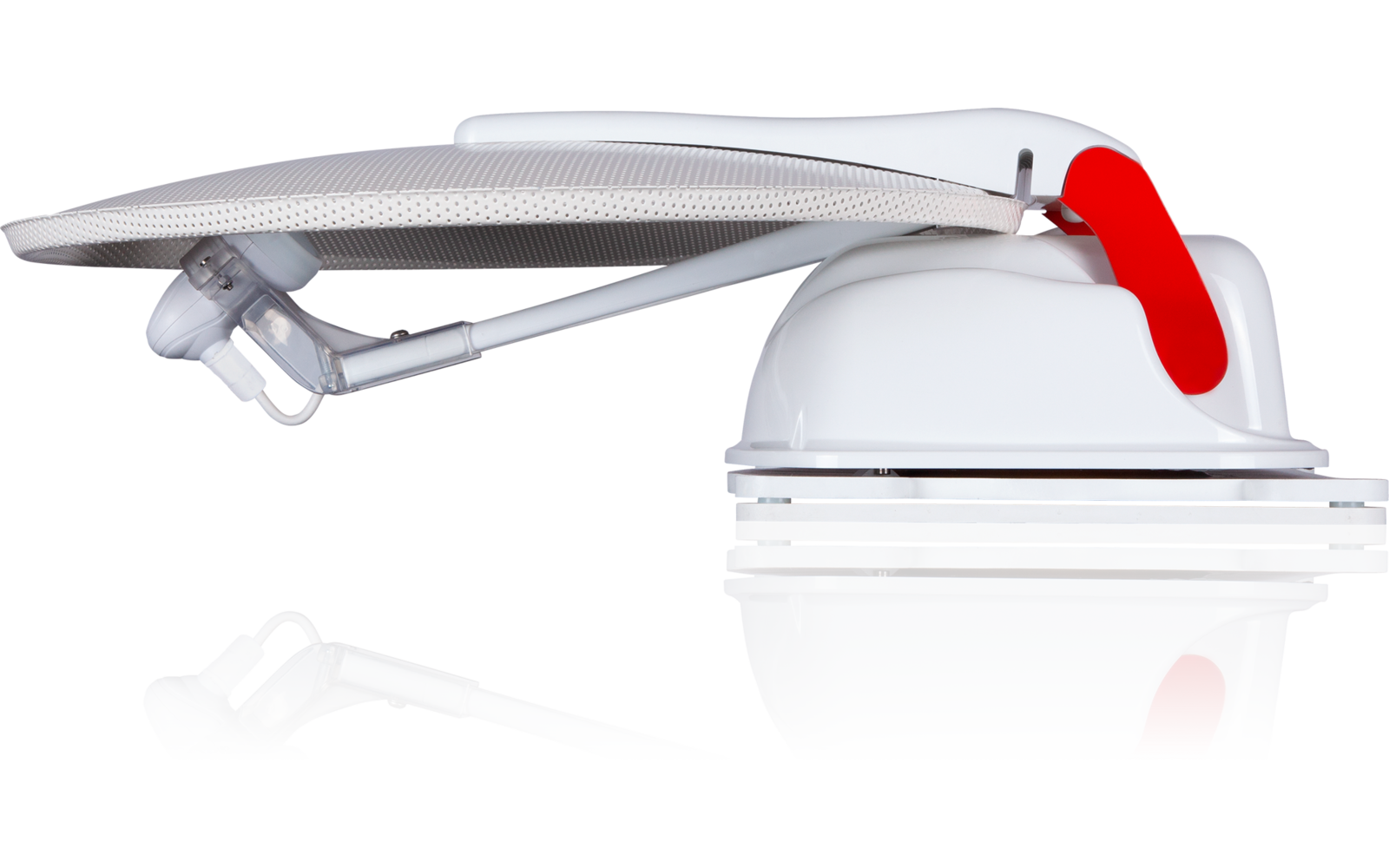 Fer à repasser blanc avec poignée rouge et semelle argentée, vue de profil sur fond blanc