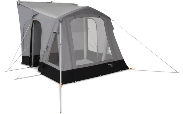 Graues Campingvorzelt mit großen Netzfenstern, schwarzer Unterkante, weißen Gestängebögen und sichtbaren Abspannleinen auf weißem Hintergrund