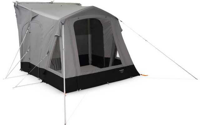 Graues und schwarzes Zelt mit rechteckiger Grundform, vorderer Eingang mit geöffneter Tür, zwei große Netzfenster, Metallstangen und Abspannleinen