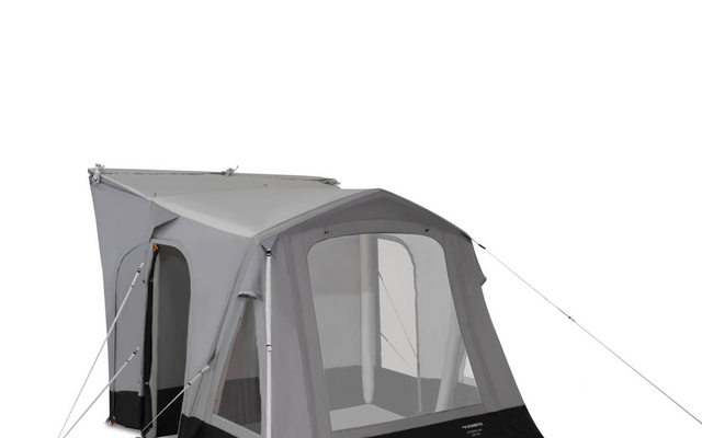 Grijze voortent met grote gaasramen, zwarte onderrand, witte stokken en zichtbare scheerlijnen op witte achtergrond