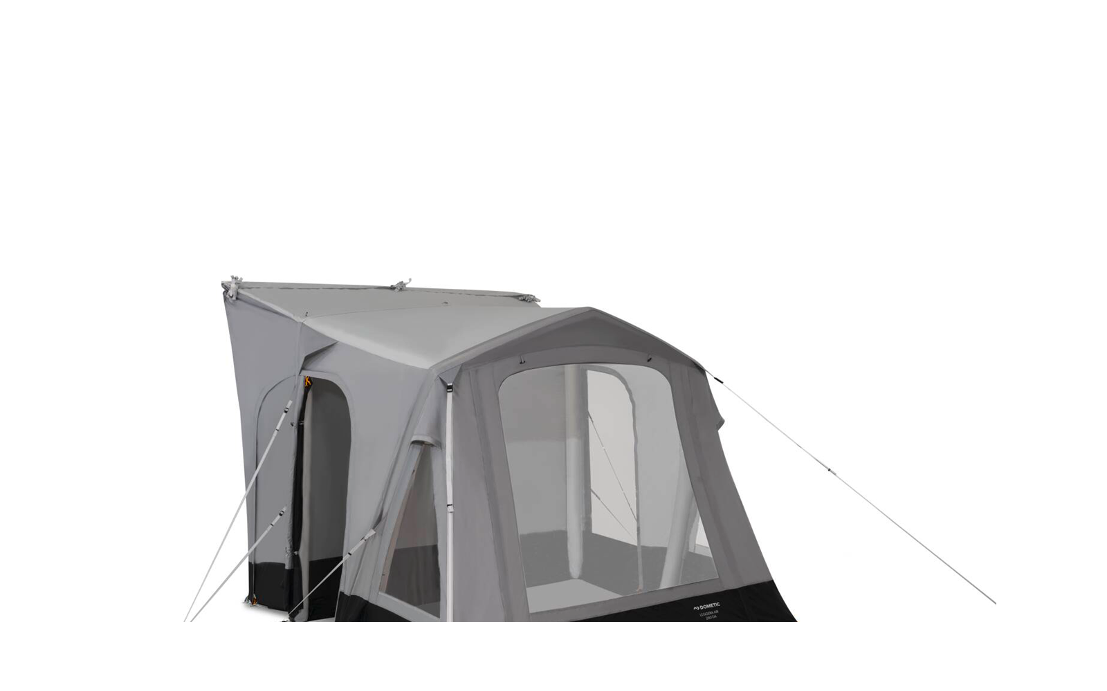 Grijze voortent met grote gaasramen, zwarte onderrand, witte stokken en zichtbare scheerlijnen op witte achtergrond