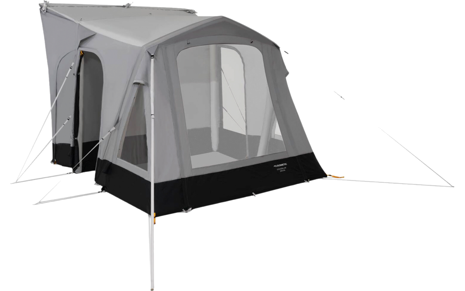 Gray camping awning with large mesh windows, black base, white poles and visible guy lines on a white background