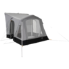 Gray camping awning with large mesh windows, black base, white poles and visible guy lines on a white background