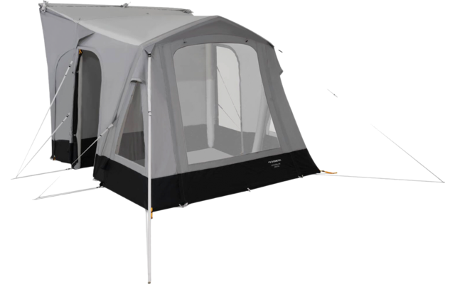Gray camping awning with large mesh windows, black base, white poles and visible guy lines on a white background