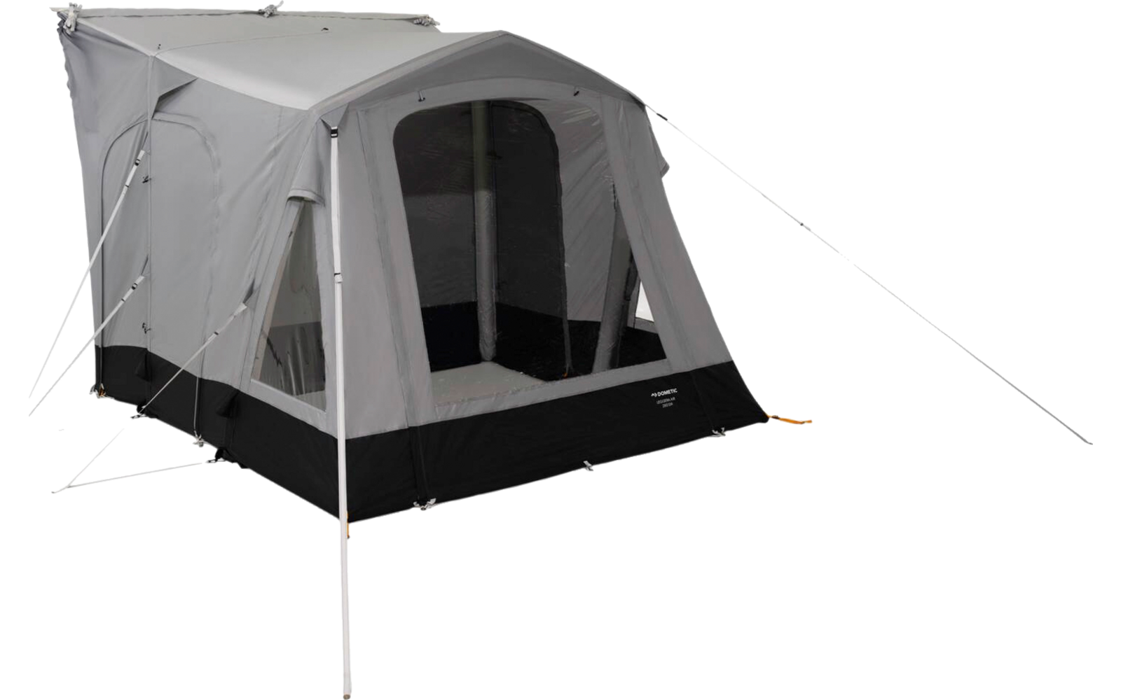 Gray and black tent with rectangular base, front entrance with open doorway, two large mesh windows, metal poles and guy lines