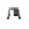 Gray tent with open entrance, black lower panels, guy lines and stakes on a white background