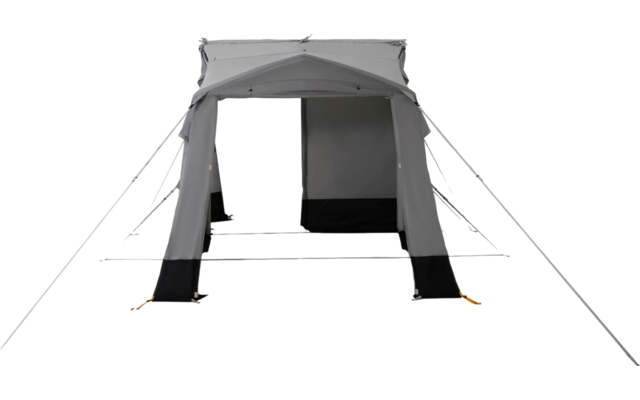 Gray tent with open entrance, black lower panels, guy lines and stakes on a white background