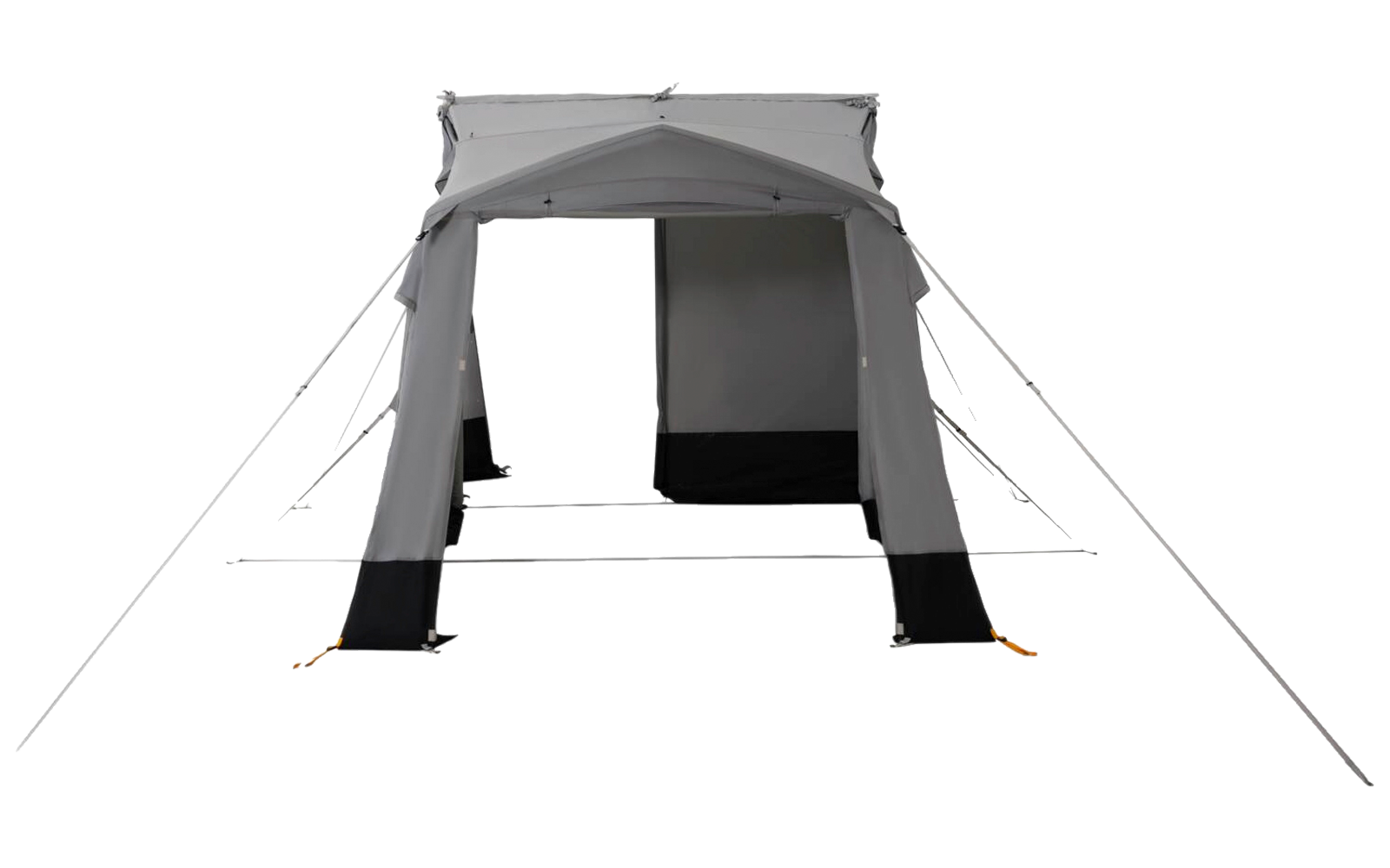 Gray tent with open entrance, black lower panels, guy lines and stakes on a white background