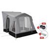 Gray camping awning with large mesh windows, black base, white poles and visible guy lines on a white background