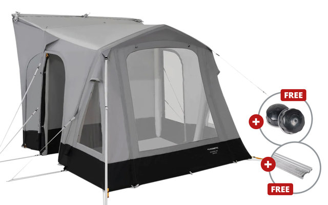 Gray camping awning with large mesh windows, black base, white poles and visible guy lines on a white background
