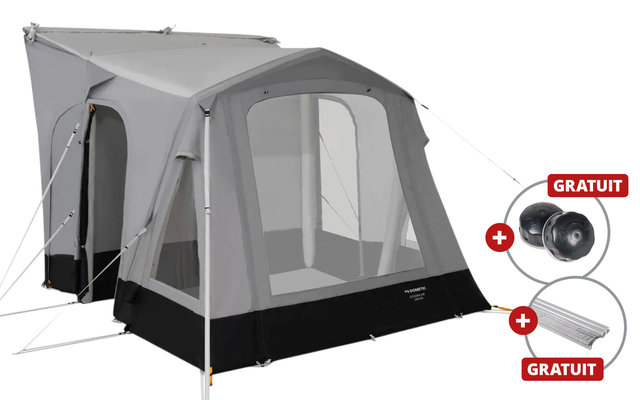 Auvent de camping gris avec grandes fenêtres en moustiquaire, base noire, arceaux blancs et tendeurs visibles sur fond blanc