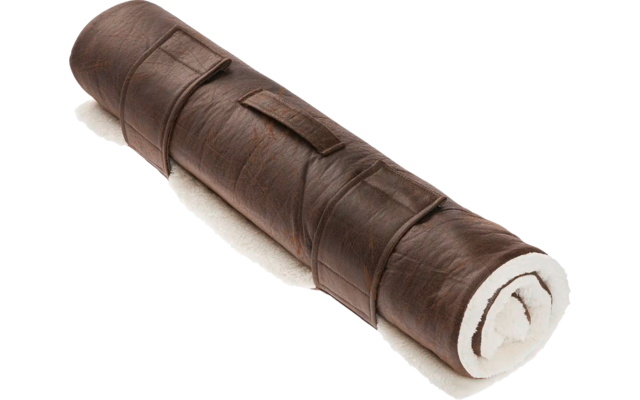 Eine zusammengerollte Yogamatte aus braunem Material mit weißen Kanten