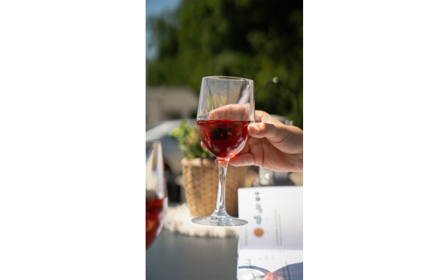 Hand hält ein Glas mit rosafarbenem Getränk, im Hintergrund Pflanzen und ein Tisch