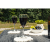 Dos copas de vino con líquido oscuro sobre una mesa de madera oscura, cada una en posavasos redondos blancos; a la derecha una botella de vino, un cuenco con uvas verdes y oscuras y una pequeña maceta con planta; fondo verde desenfocado