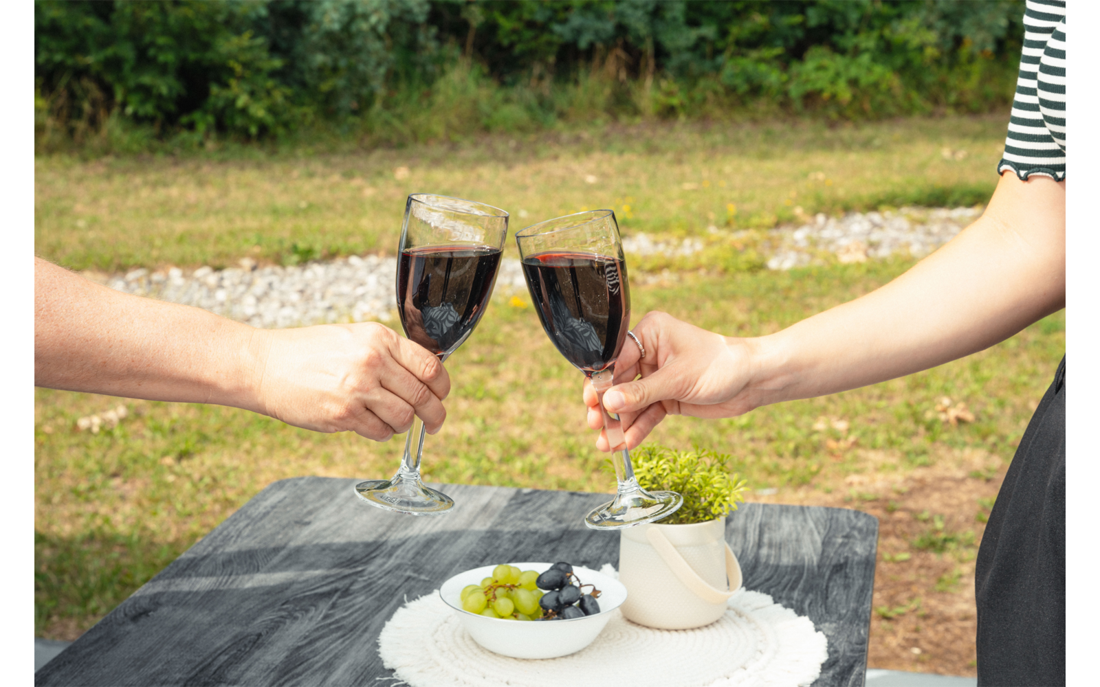 Dos manos sostienen copas de vino tinto, las copas se tocan sobre una mesa pequeña; en la mesa un cuenco con uvas verdes y negras, una pequeña planta en maceta y un tapete blanco de encaje; césped y arbustos al fondo