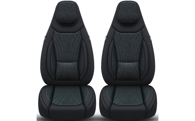 Zwei nebeneinander stehende schwarze Autositze mit dunkelgrauen Stoffeinsätzen, integrierten Kopfstützen und sichtbaren Steppnähten