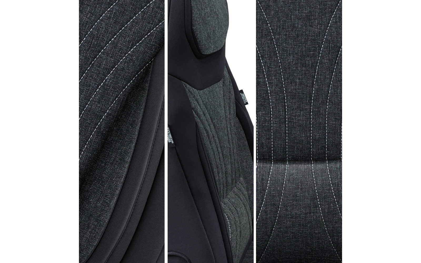 Drei vertikale Ausschnitte eines gepolsterten Sitzes mit dunkelgrauem, strukturiertem Stoff und hellen Ziernähten; mittleres zeigt Rückenlehne und Kopfstütze