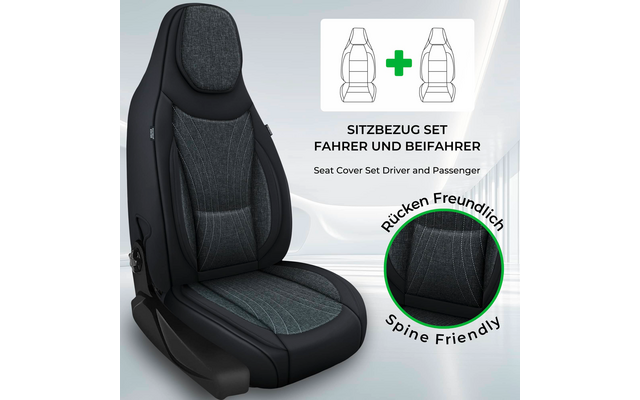 Schwarz-grauer Autositz mit Stoffbezug, Einblendung von zwei Sitz-Piktogrammen mit Pluszeichen, sichtbare Texte 'Sitzbezug Set Fahrer und Beifahrer' und 'Seat Cover Set Driver and Passenger' sowie runde Detailansicht des Stoffs mit Text 'Rücken Freun