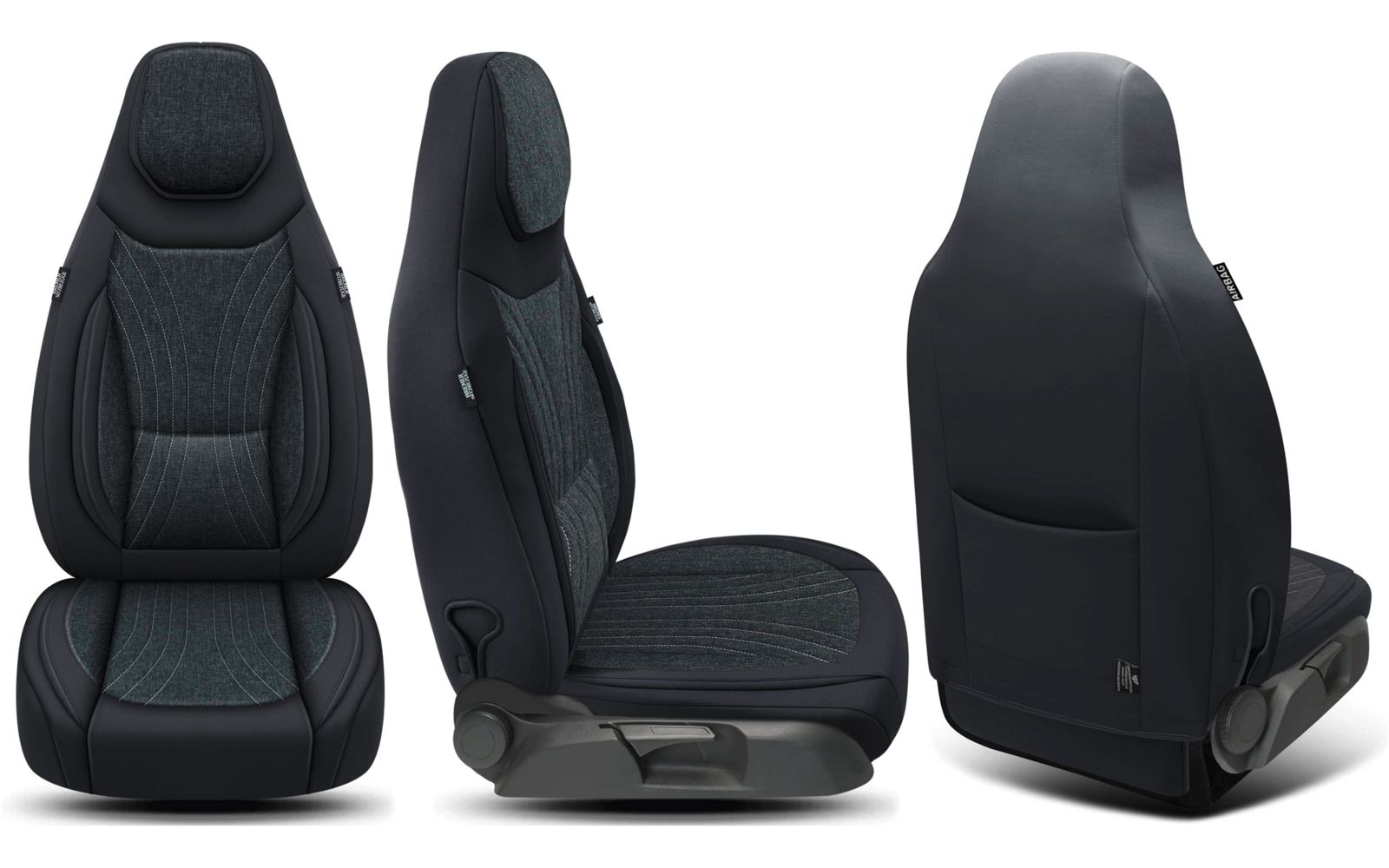 Drei Ansichten eines dunklen Autositzes: Vorder-, Seiten- und Rückansicht; gepolsterte Sitzfläche und Rückenlehne mit sichtbaren Nähten, seitlicher Verstellhebel und Rückenfach