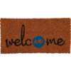 Braune Fußmatte mit schwarzem Schreibschriftzug 'welcome' und blauem Kreis mit orangefarbenen Buchstaben 'AP'
