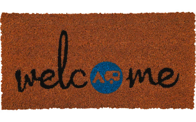 Braune Fußmatte mit schwarzem Schreibschriftzug 'welcome' und blauem Kreis mit orangefarbenen Buchstaben 'AP'