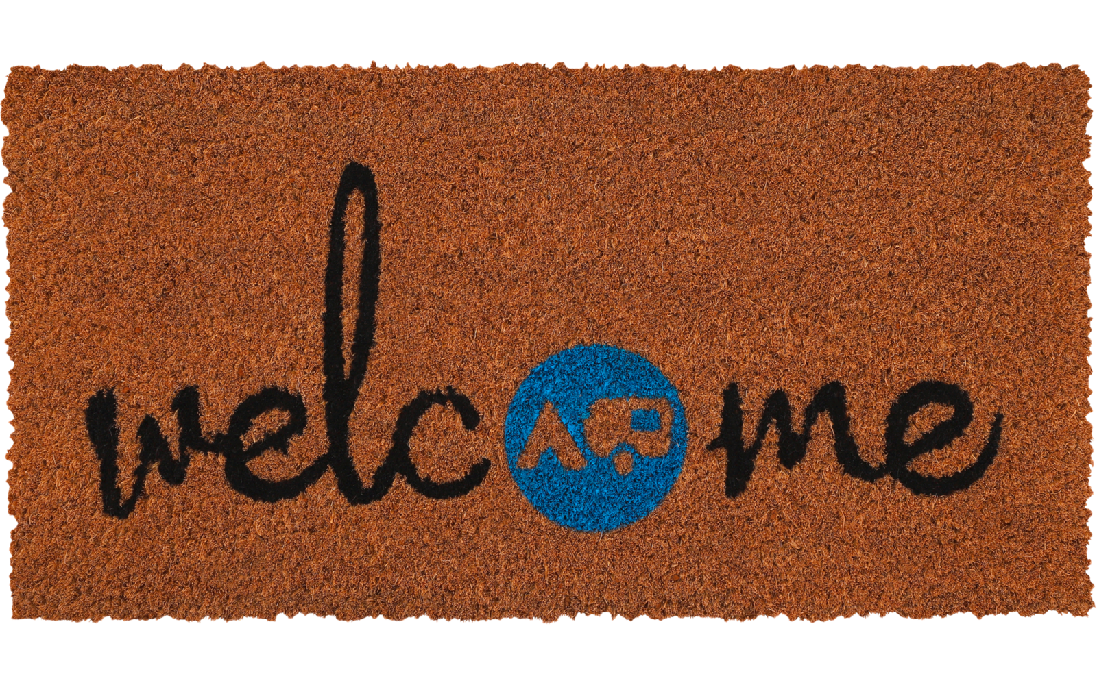 Braune Fußmatte mit schwarzem Schreibschriftzug 'welcome' und blauem Kreis mit orangefarbenen Buchstaben 'AP'