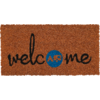 Braune Fußmatte mit schwarzem Schreibschriftzug 'welcome' und blauem Kreis mit orangefarbenen Buchstaben 'AP'
