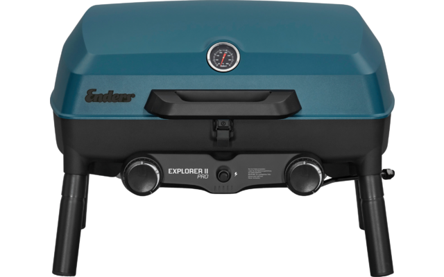 Blauer Gasgrill mit zwei Drehreglern und vier Beinen
