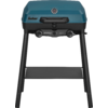 Blauer Grill mit zwei Brennern und schwarzem Untergestell