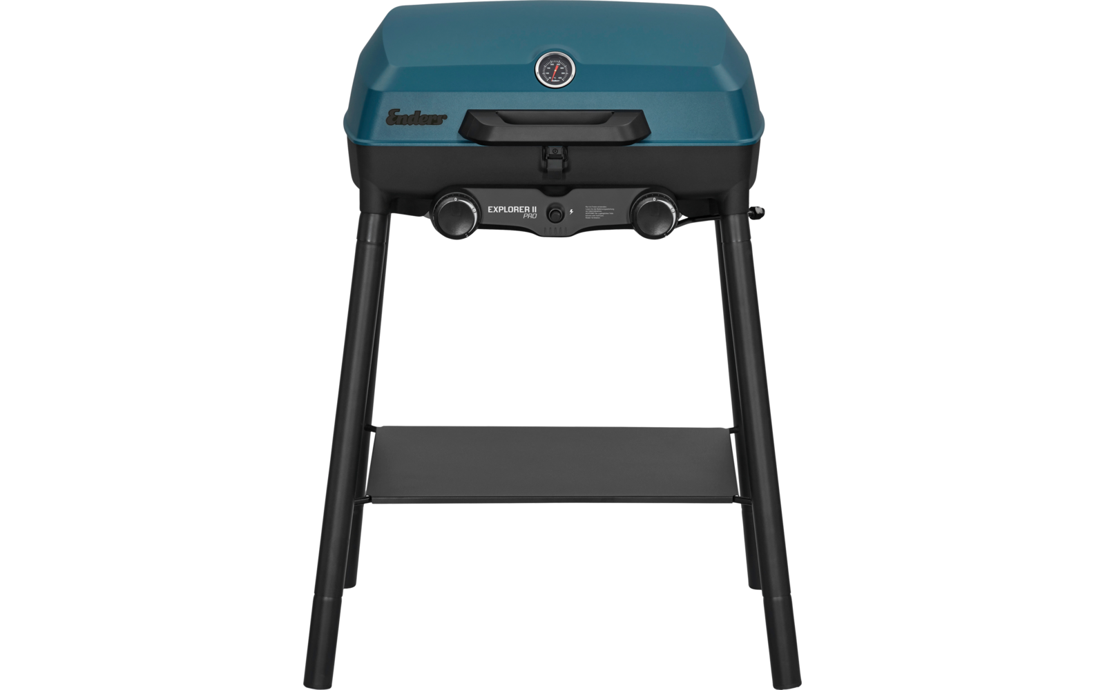 Blauer Grill mit zwei Brennern und schwarzem Untergestell