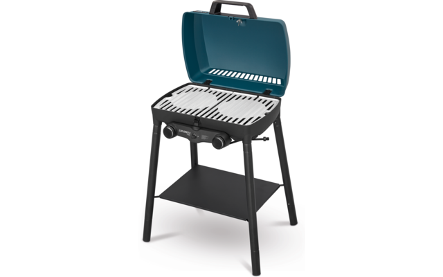 Offener Grill mit Deckel, Grillrost und Ablagefläche darunter