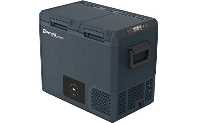 Frigo portatile grigio scuro con due chiusure sul coperchio, maniglia laterale, piccolo display, griglie di ventilazione e simbolo rotondo sul davanti