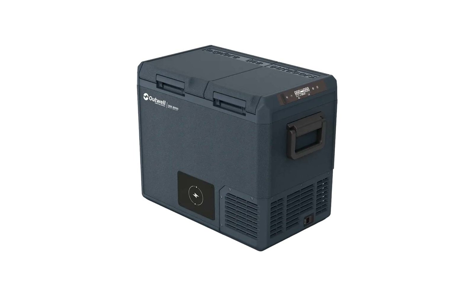 Frigo portatile grigio scuro con due chiusure sul coperchio, maniglia laterale, piccolo display, griglie di ventilazione e simbolo rotondo sul davanti