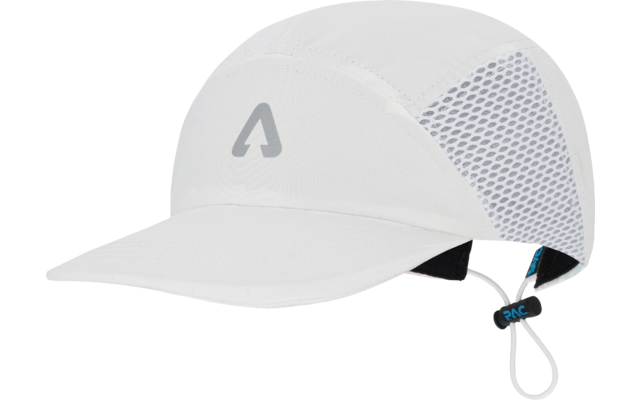 Weißes Cap mit geschwungener Krempe, seitlichen Mesh-Einsätzen, grauem dreieckigem Logo vorne und verstellbarem Kordelzug mit Kunststoffstopper
