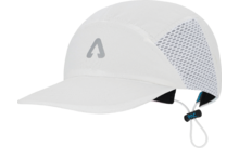 Weißes Cap mit geschwungener Krempe, seitlichen Mesh-Einsätzen, grauem dreieckigem Logo vorne und verstellbarem Kordelzug mit Kunststoffstopper