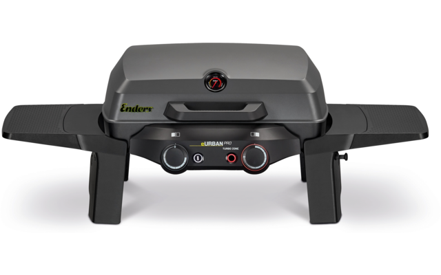 Kompakter grauer Tischgrill mit geschlossenem Deckel, rundem Temperaturmesser in der Deckelmitte, zwei seitlichen Ablagen, Bedienfeld mit zwei Drehknöpfen und schwarzen Standfüßen