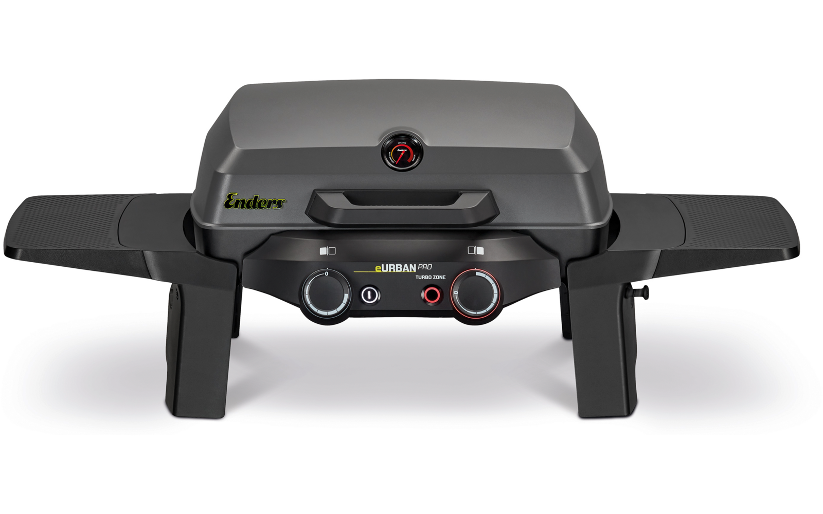 Kompakter grauer Tischgrill mit geschlossenem Deckel, rundem Temperaturmesser in der Deckelmitte, zwei seitlichen Ablagen, Bedienfeld mit zwei Drehknöpfen und schwarzen Standfüßen
